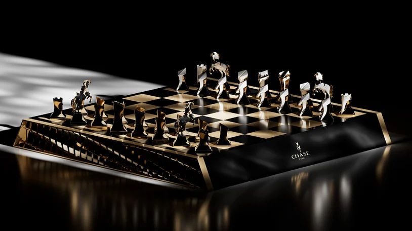 The full Chase set of ten bottles arranged on a black and gold chessboard